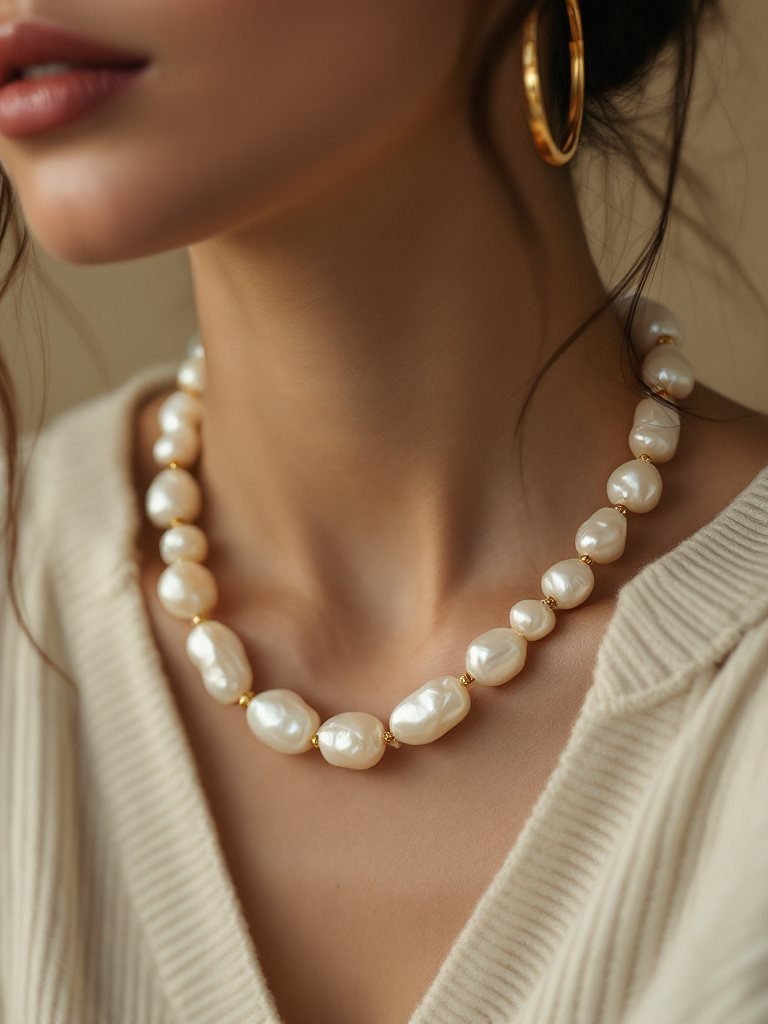 Collier de perles d'eau douce et créoles dorées portés